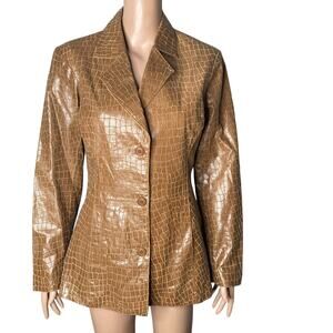 Vintage Dialogue Jacket Womens Small 100% Croc Embossed Leather Brown Tan